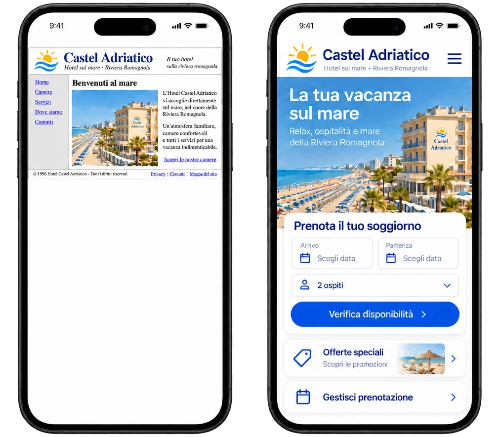 Prima e dopo: lo stesso sito sullo stesso telefono, prima illeggibile, poi rifatto.